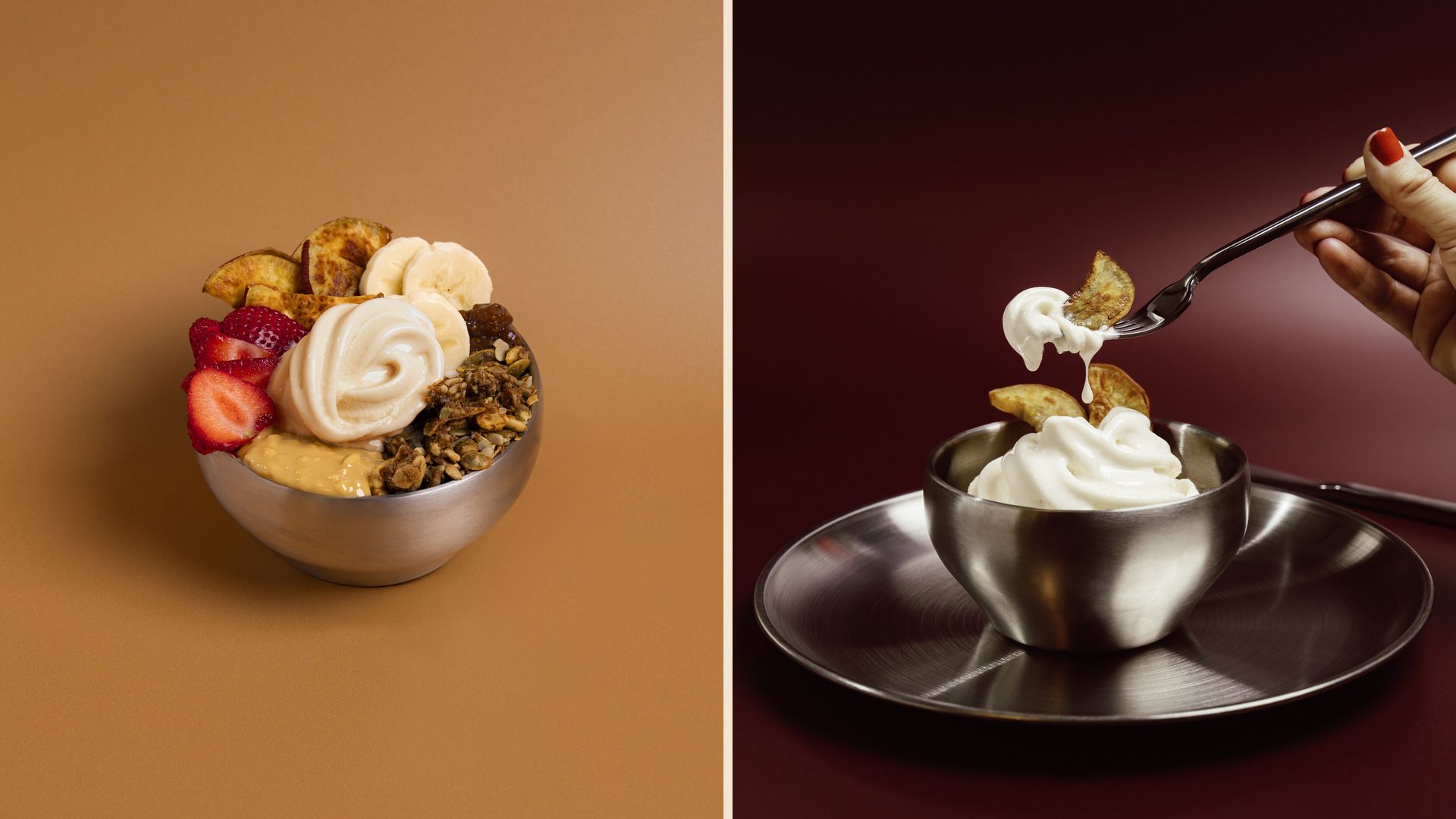 Art direction for SWORL featuring soft serve protein bowls in stainless steel by TRUFFL branding agency