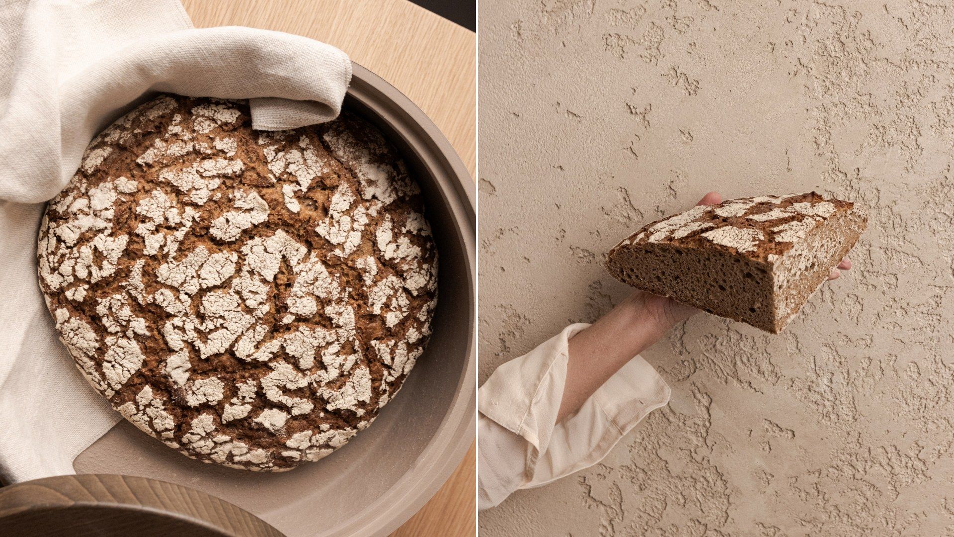 Product photography for RYE by Martin Auer featuring a rye loaf in a bowl and a half loaf by TRUFFL branding agency