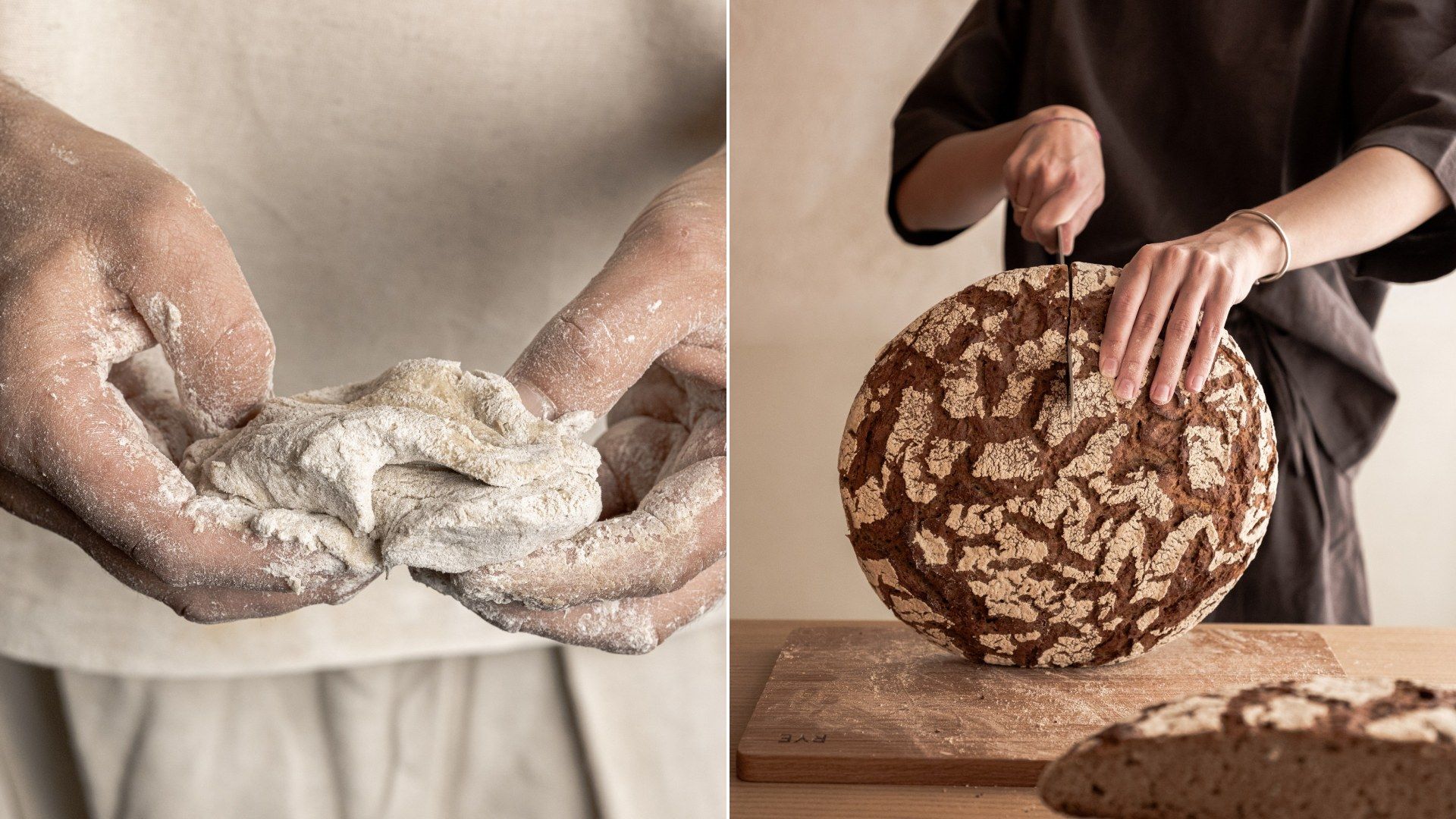 Process photography for RYE by Martin Auer featuring hands shaping dough and scoring a loaf by TRUFFL branding agency