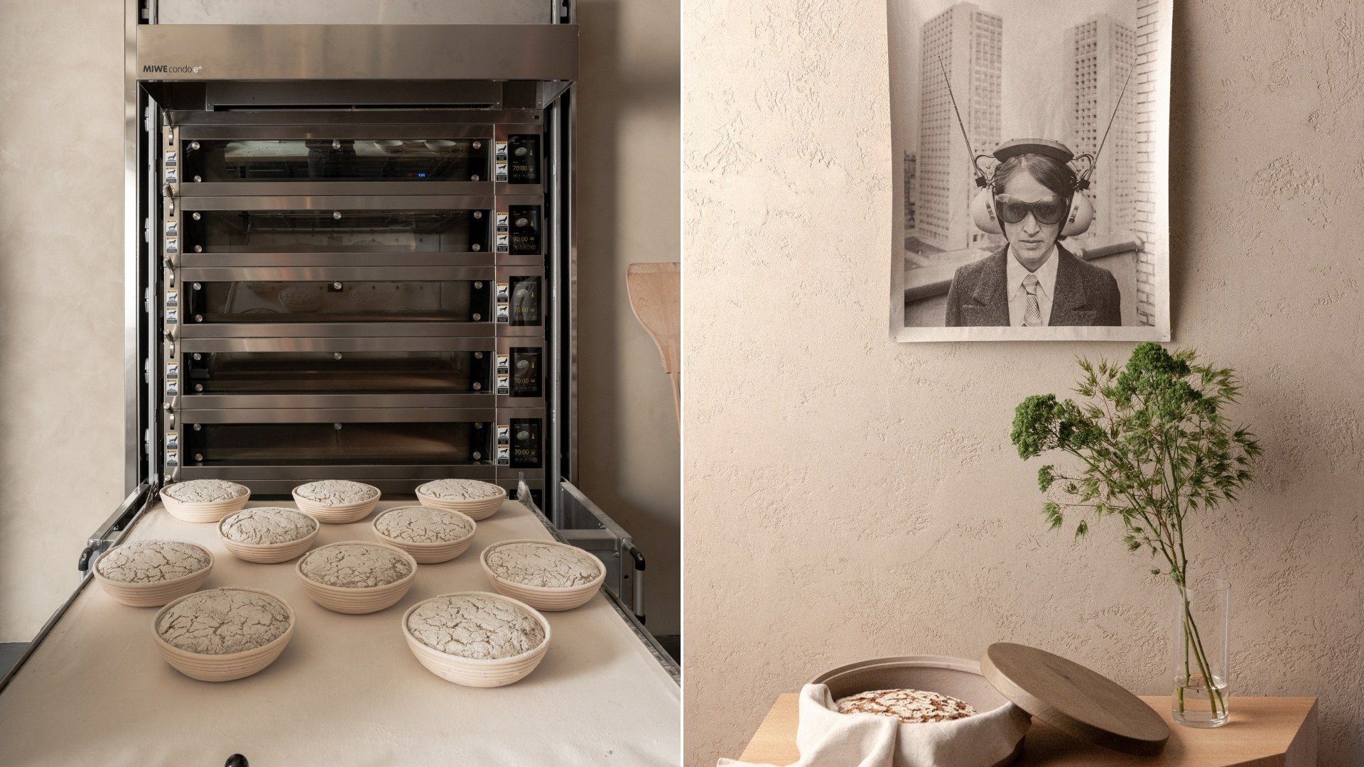 Bakery photography for RYE by Martin Auer featuring the oven, proofing baskets and poster still life by TRUFFL branding agency